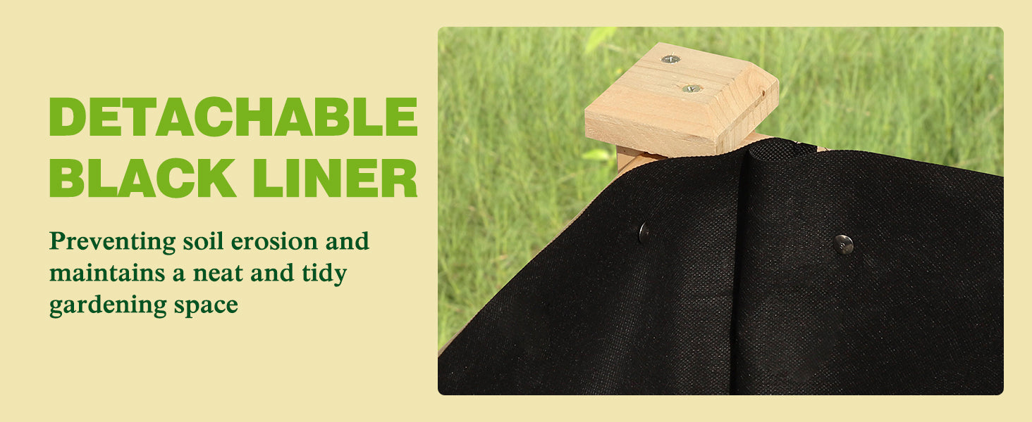 A wood raised garden bed has a black liner, preventing soil erosion and maintaining a neat gardening space.