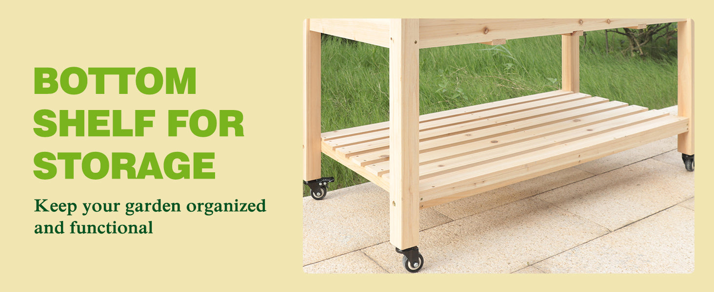 Raised garden bed on wheels with a bottom shelf for storage.