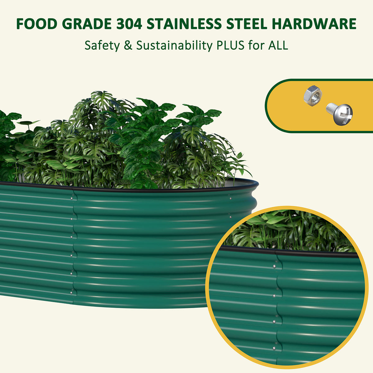 Green metal raised garden bed with stainless steel hardware, plants inside.