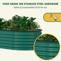 Green metal raised garden bed with stainless steel hardware, plants inside.