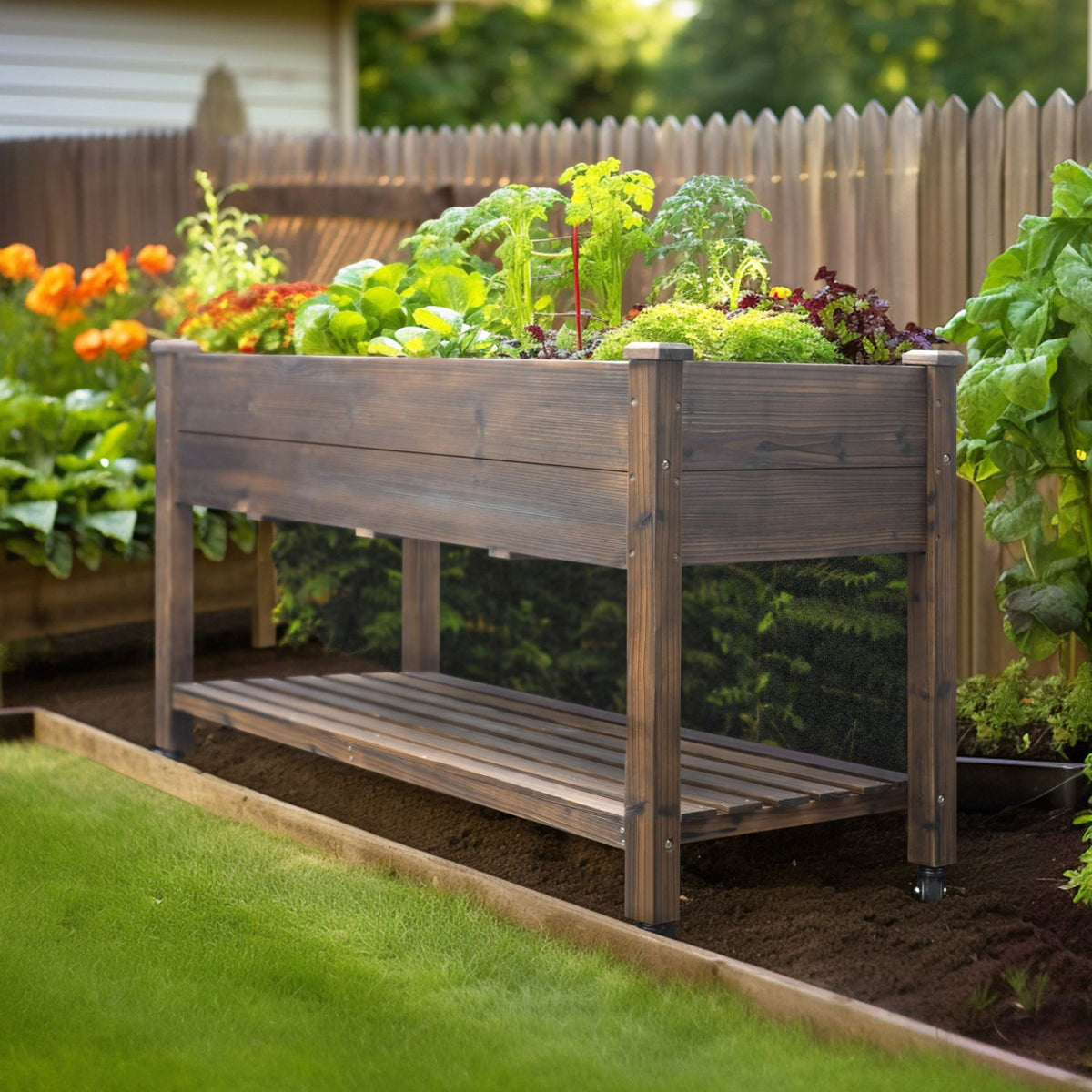Raised Garden Bed on Wheels with Legs, Brown