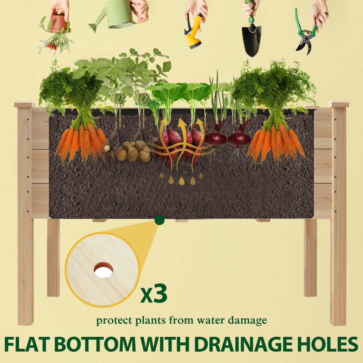 standing garden bed with drainage holes