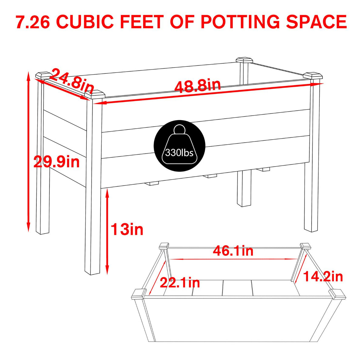High-capacity elevated raised planter box