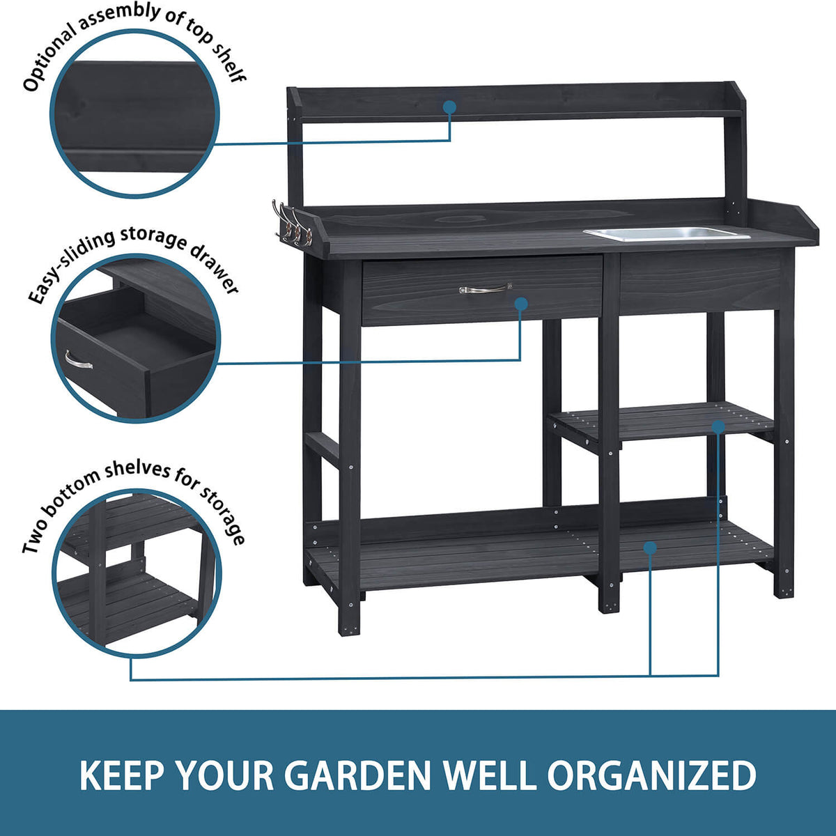 potting bench with sink and storage