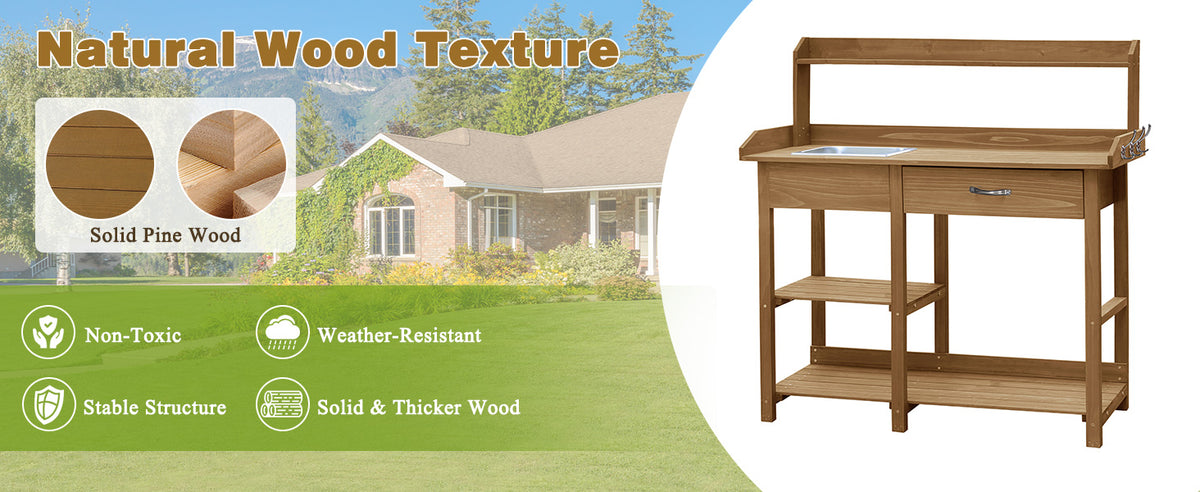 VEIKOUS Garden Potting Table with Sink, Outdoor Wooden Potting Bench with Storage, Drawer