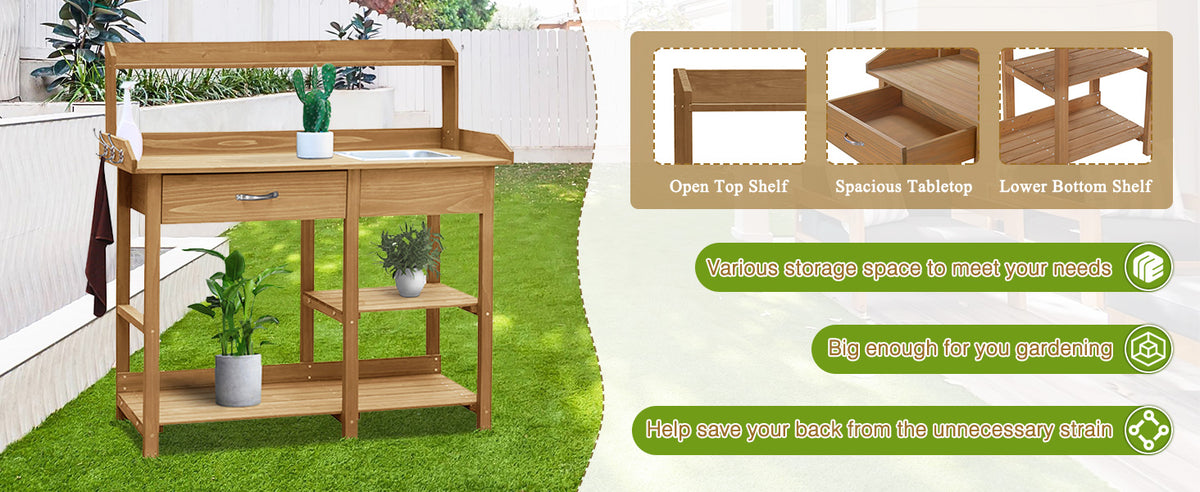 VEIKOUS Garden Potting Table with Sink, Outdoor Wooden Potting Bench with Storage, Drawer