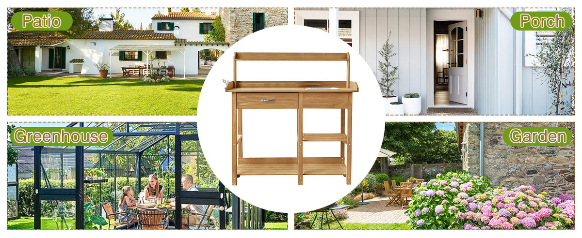 VEIKOUS Garden Potting Table with Sink, Outdoor Wooden Potting Bench with Storage, Drawer