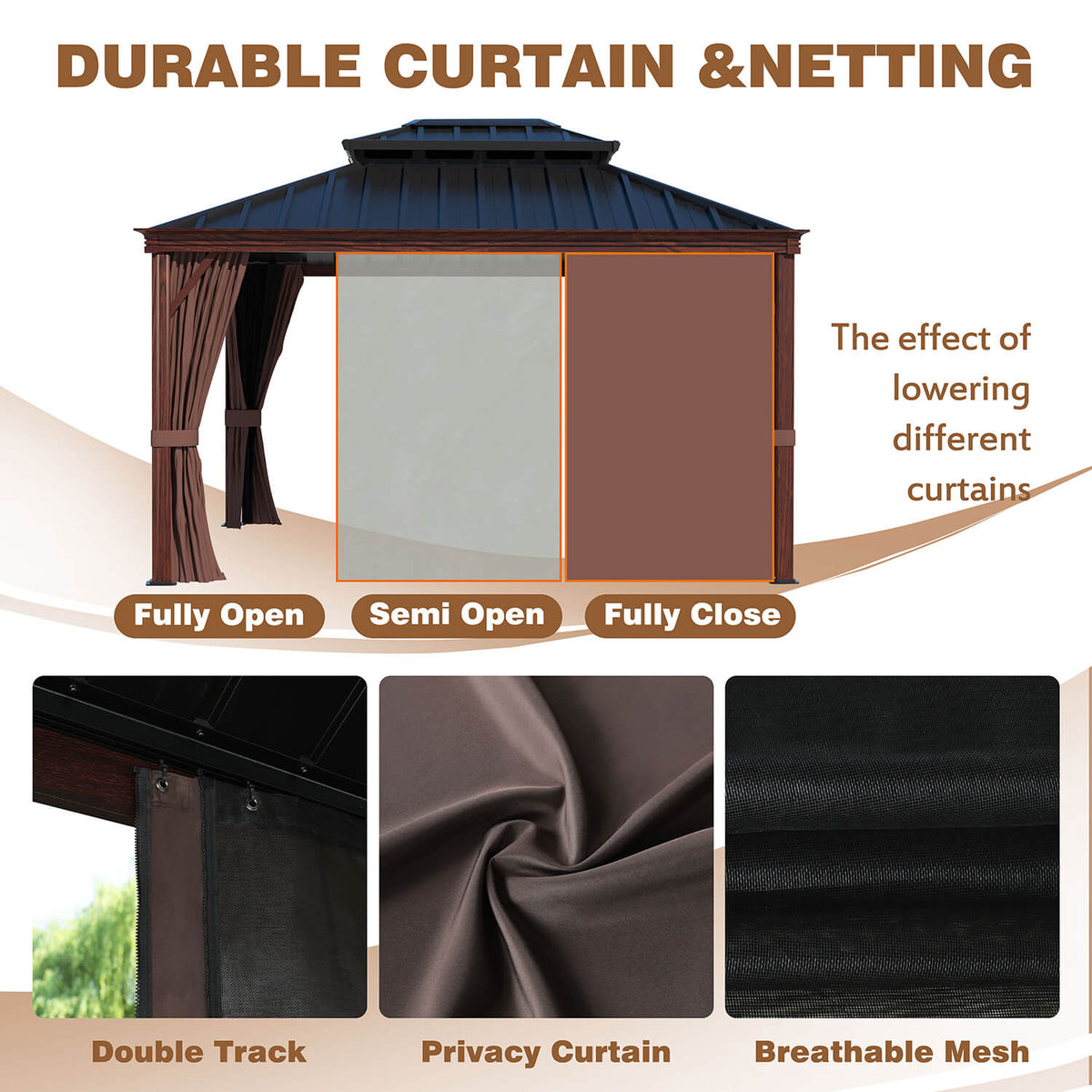 wood look gazebo with curtain and netting