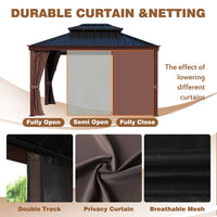 wood look gazebo with curtain and netting