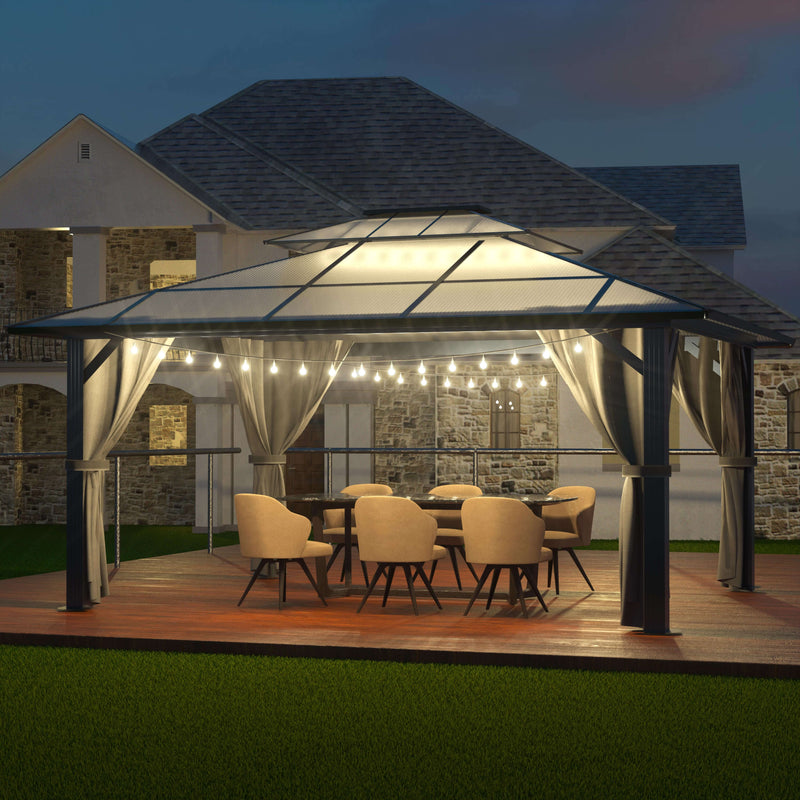 VEIKOUS Aluminum Gazebo with Polycarbonate Roof, Hardtop Gazebo with Netting and Curtain for Patios