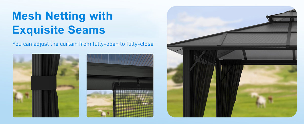 VEIKOUS Aluminum Gazebo with Polycarbonate Roof, Hardtop Gazebo with Netting for Patios