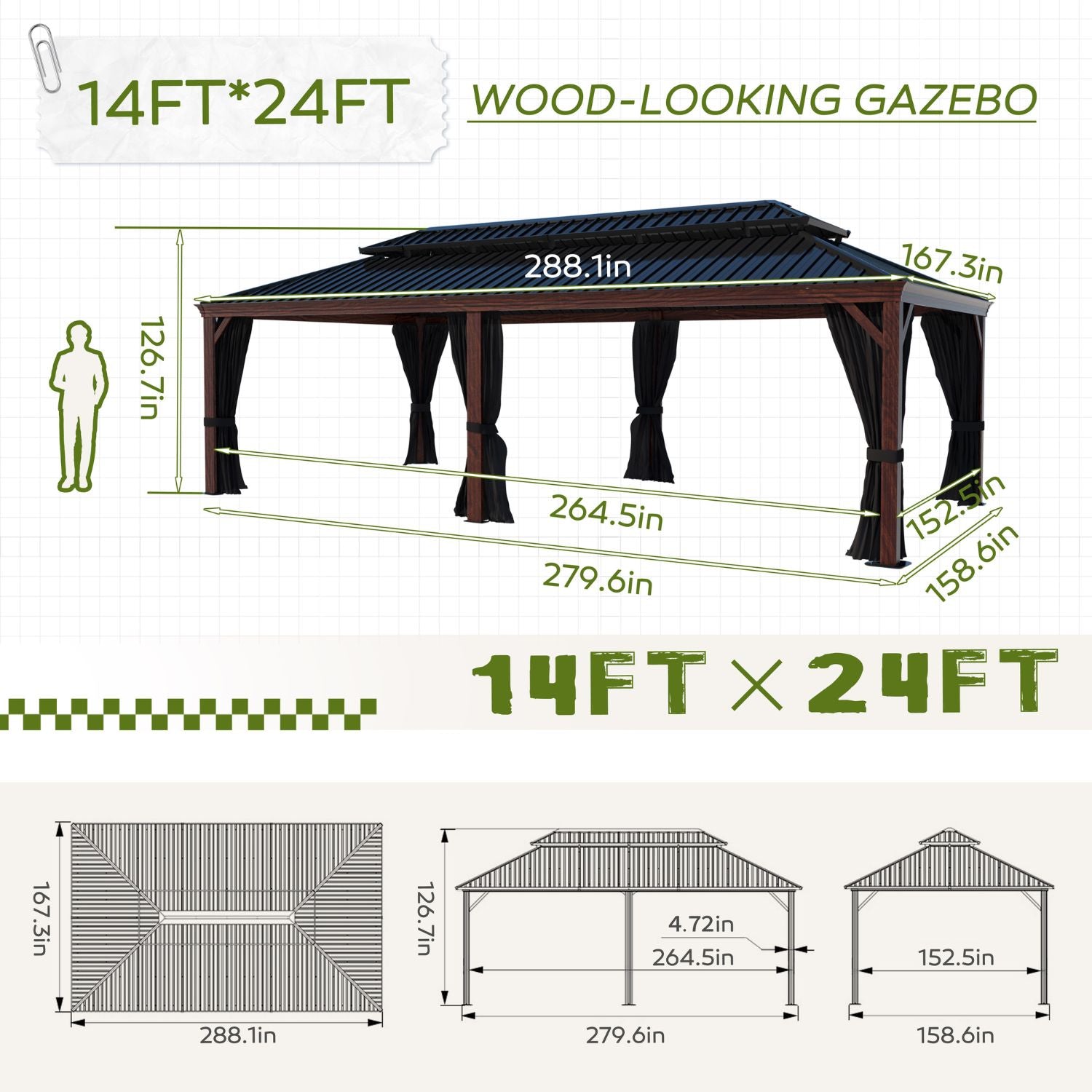 14X24 Hardtop Gazebo with Galvanized Steel Double Roof – Veikous