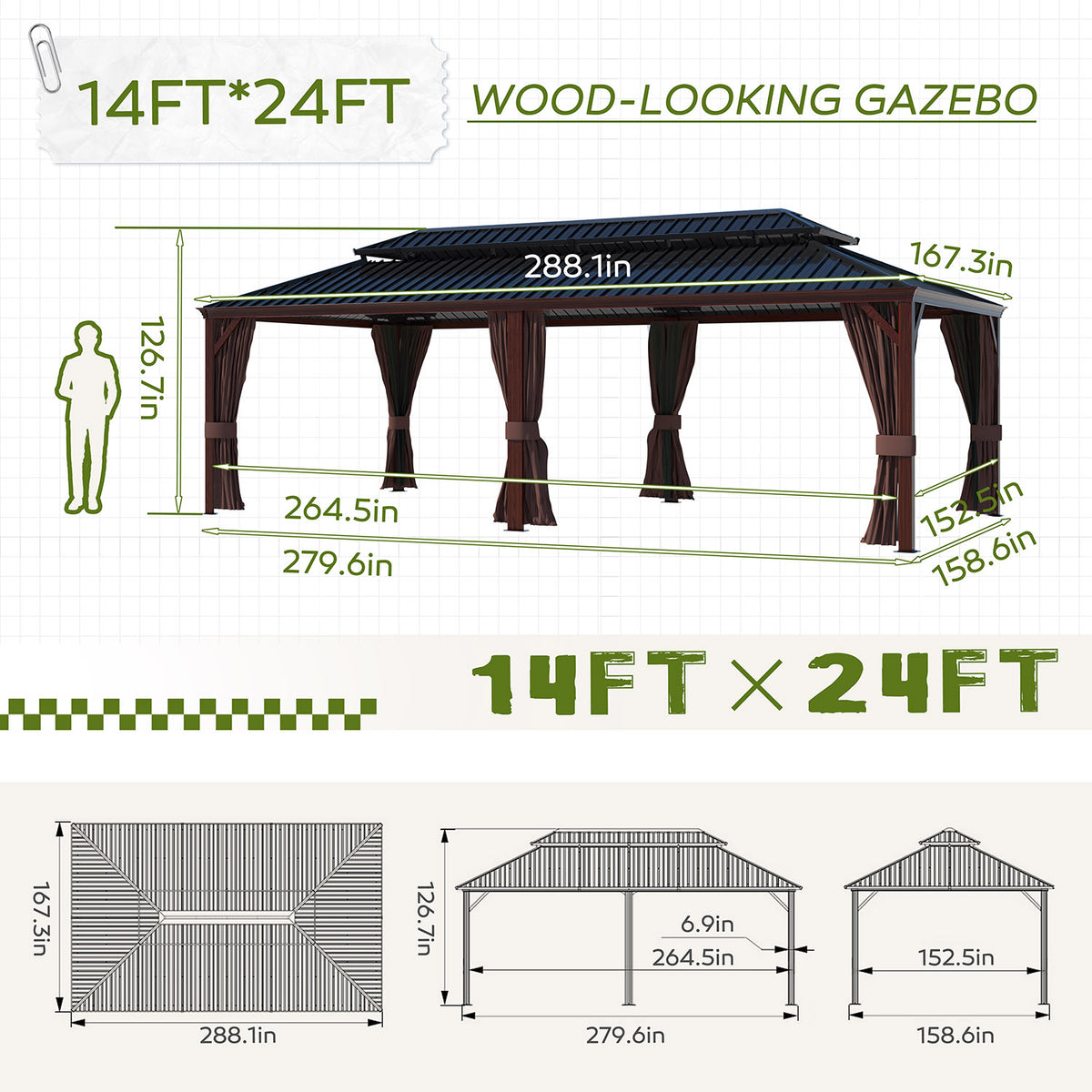 VEIKOUS 14X24 FT Hardtop Gazebo with Galvanized Steel Double Roof, Wood Grain