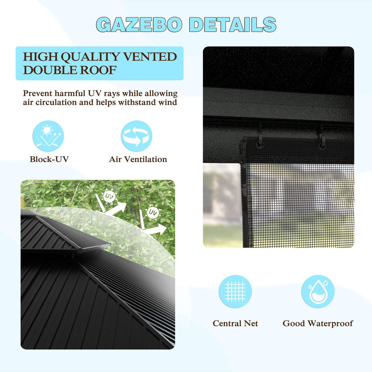Gazebo details with high-quality vented double roof