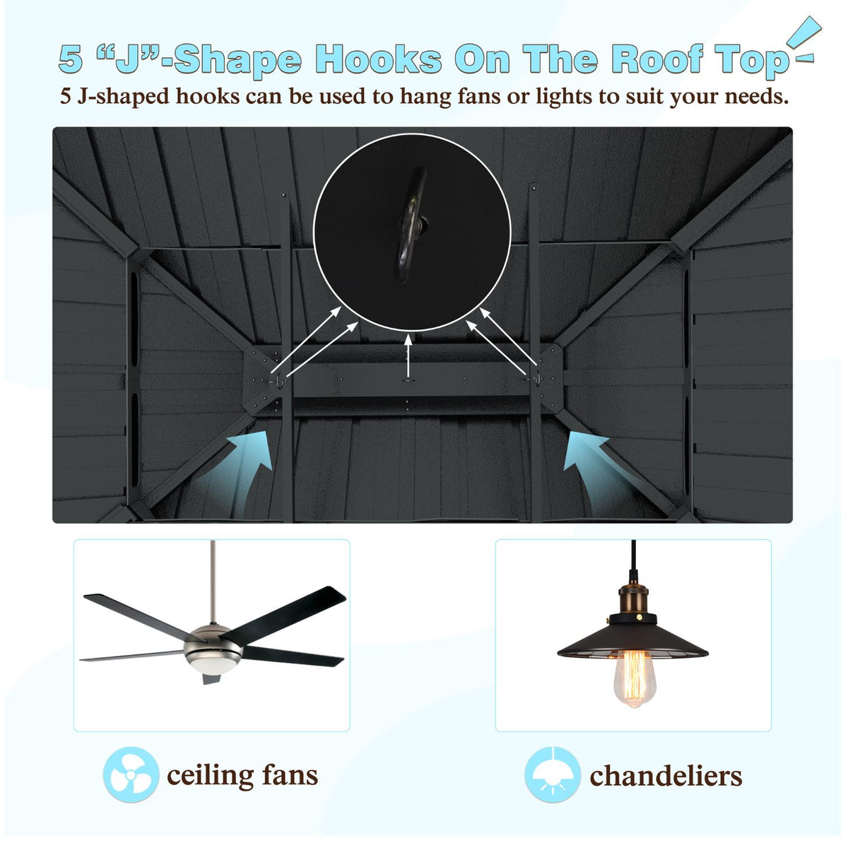 American gazebo with J-shaped hooks for hanging ceiling fans or chandeliers