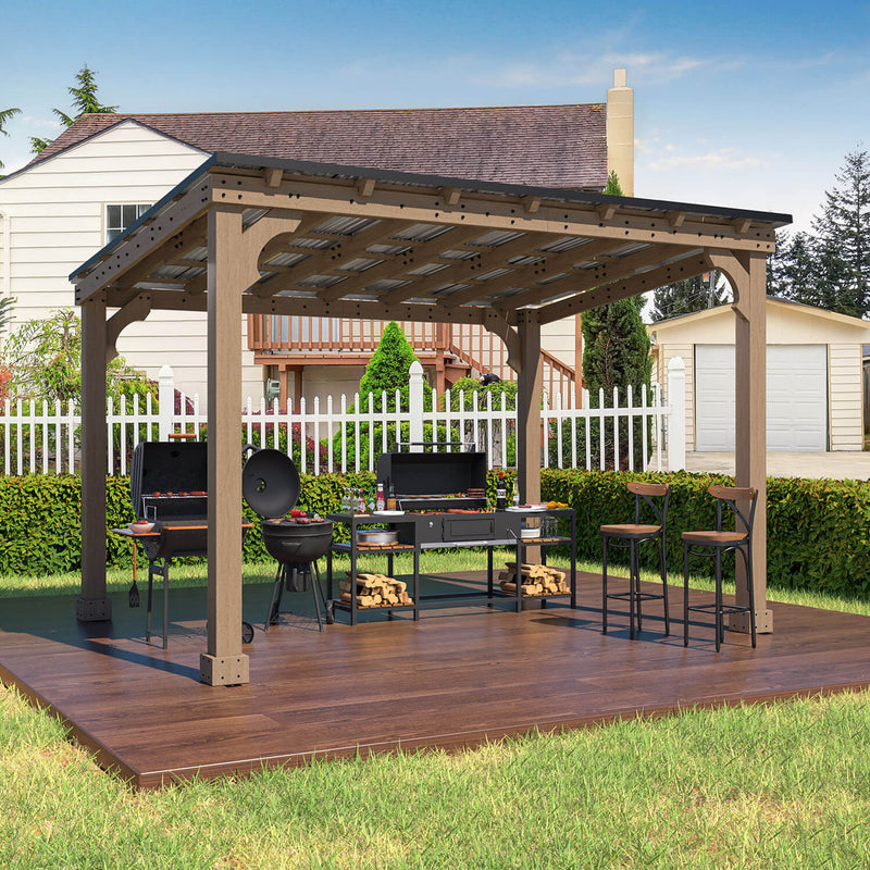 Veikous Hardtop Grill Gazebo, Wooden Gazebo for BBQ, with Sloping Metal Roof, 10 x 12