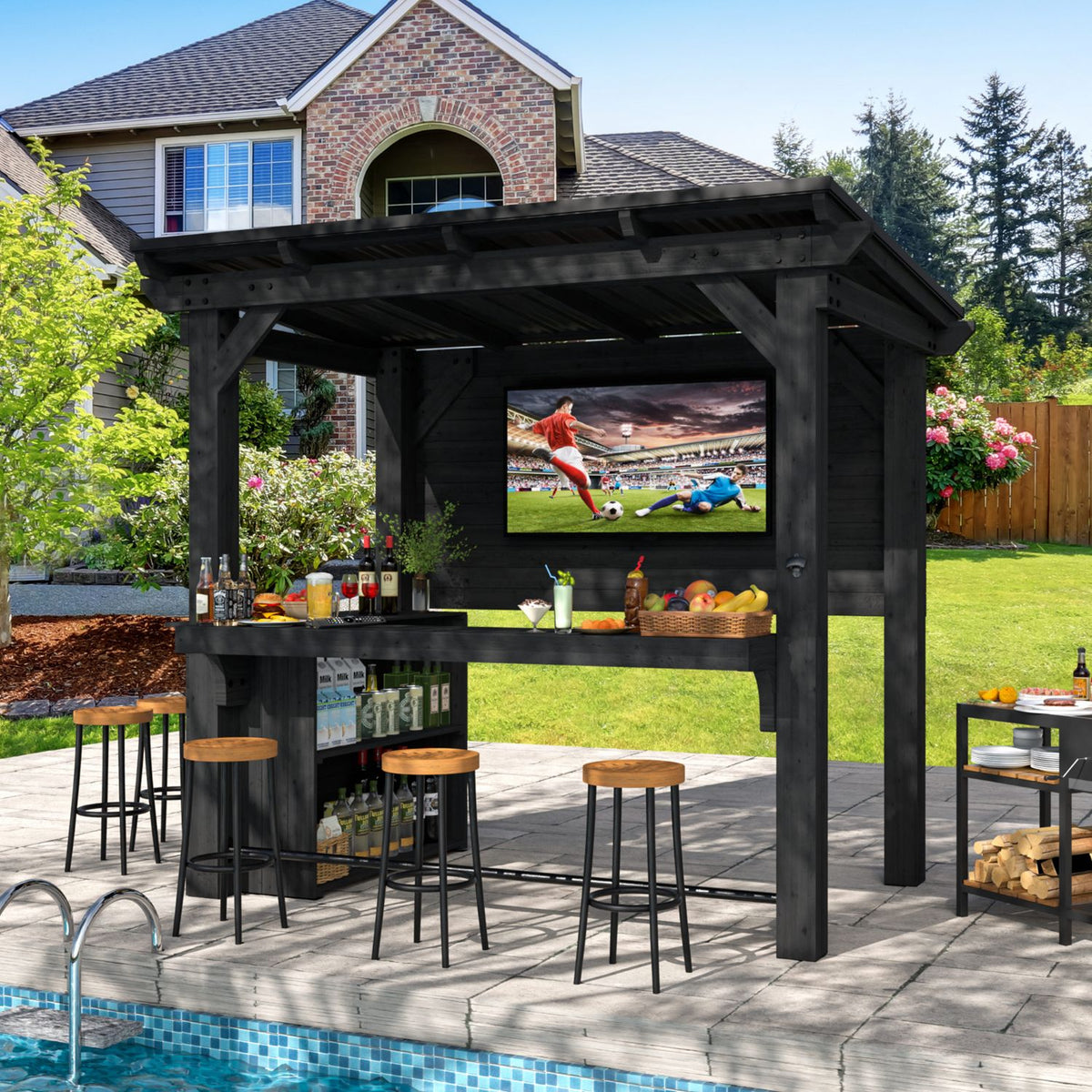 Outdoor Bar Gazebo with Wood Table and Metal Footrest – Veikous