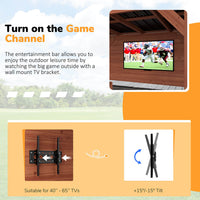 Outdoor bar features a wall-mounted TV bracket