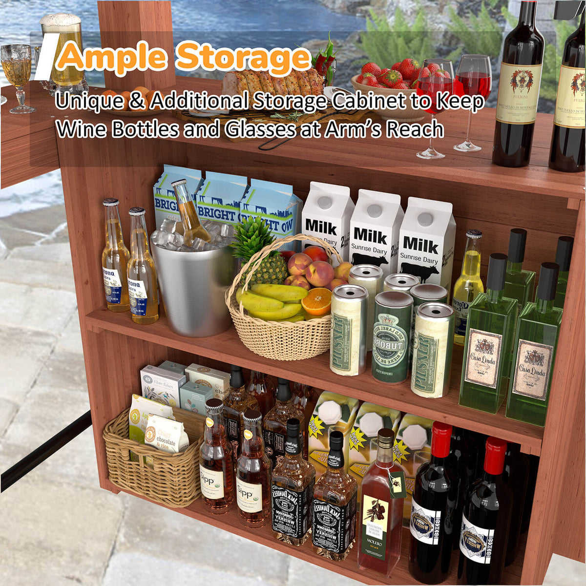 Outdoor gazebo with bar counter and cabinet