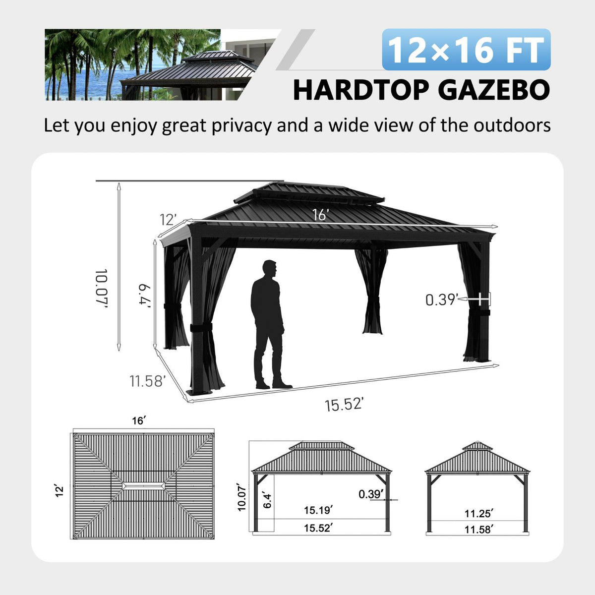Aluminum Hardtop Outdoor Gazebo, 12x16ft