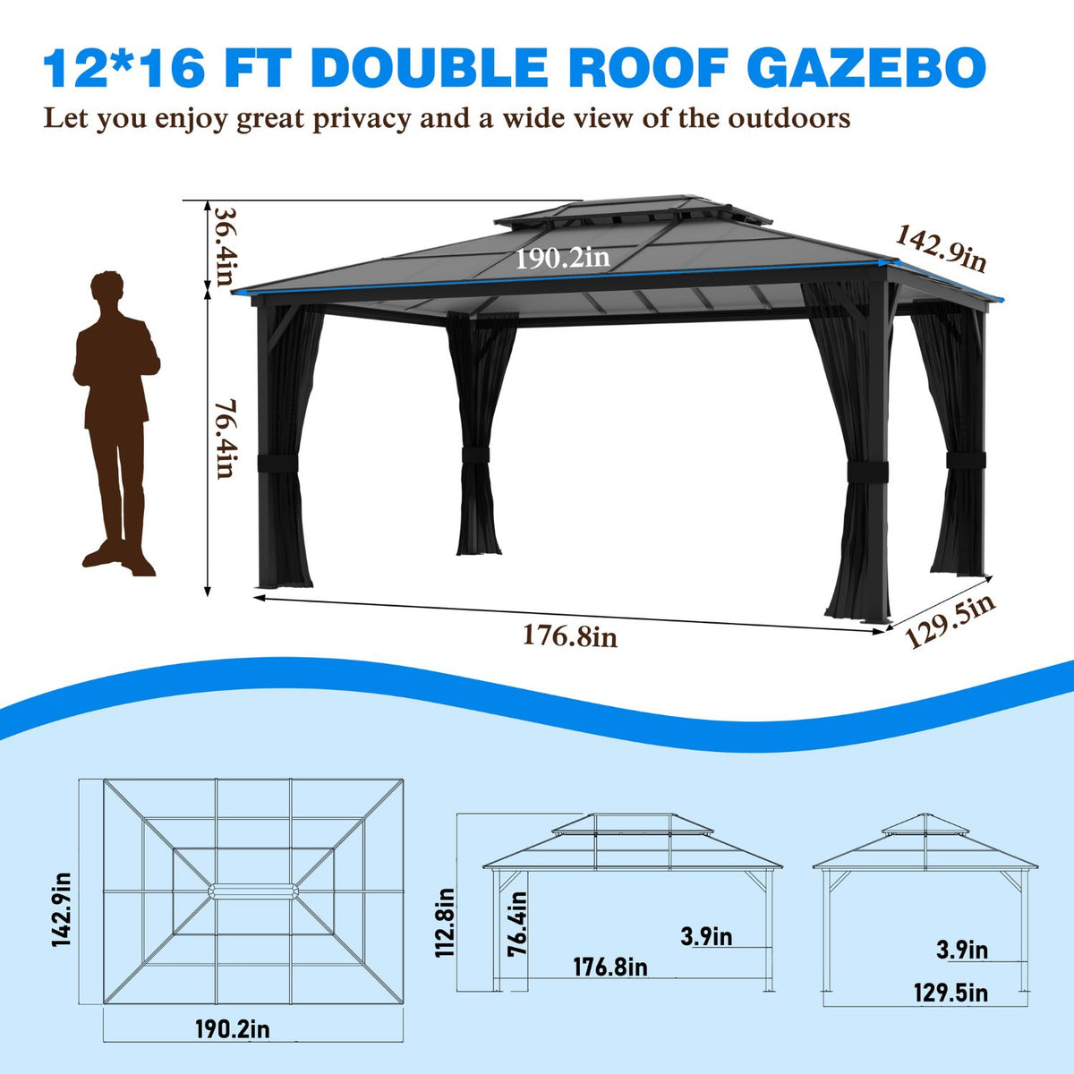 12x16 Backyard Gazebo with Polycarbonate Roof