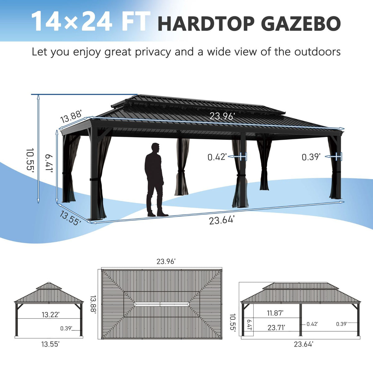 black rectangle gazebo with hardtop steel roof