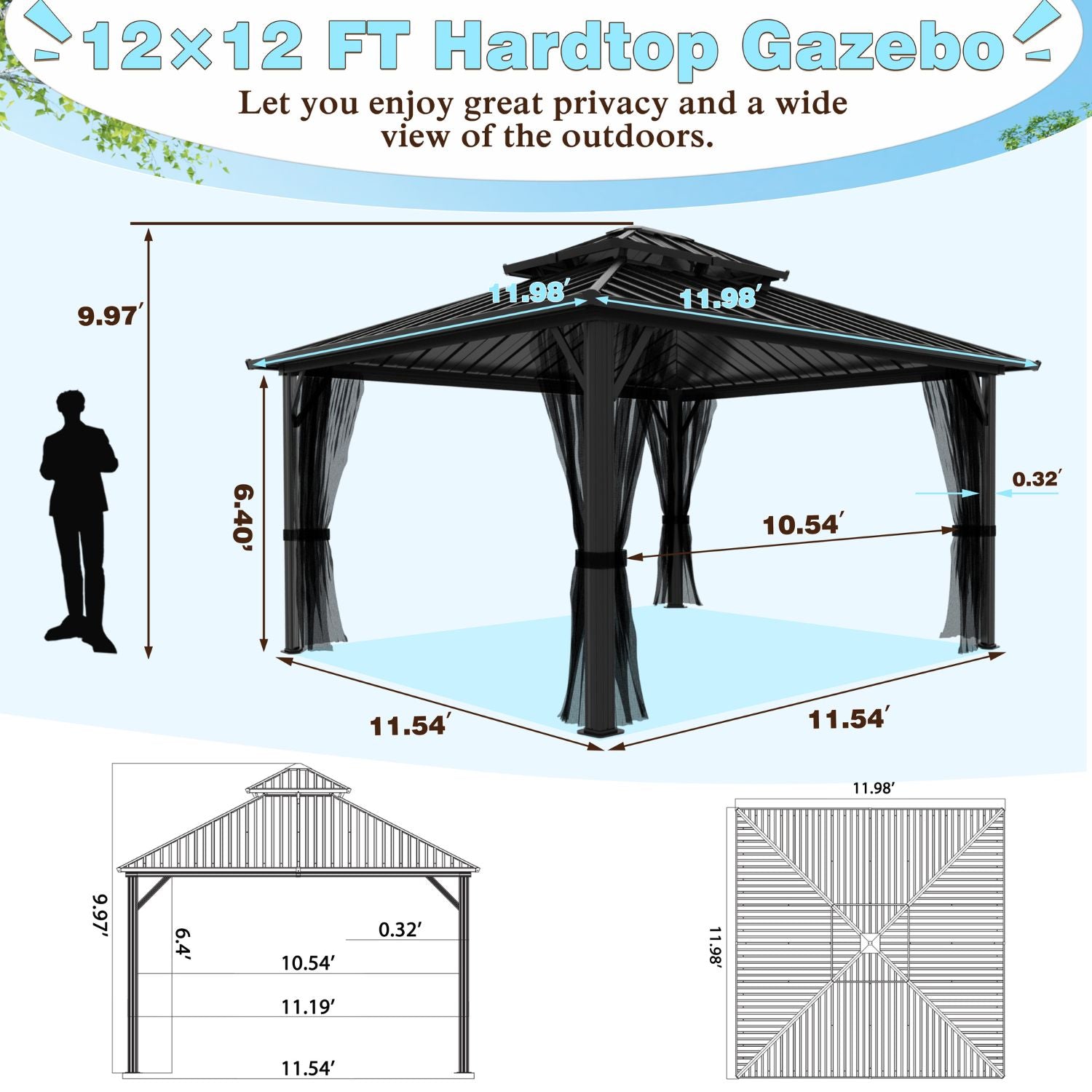 VEIKOUS 12x12 Hardtop Gazebo, Aluminum Double Roof – Veikous