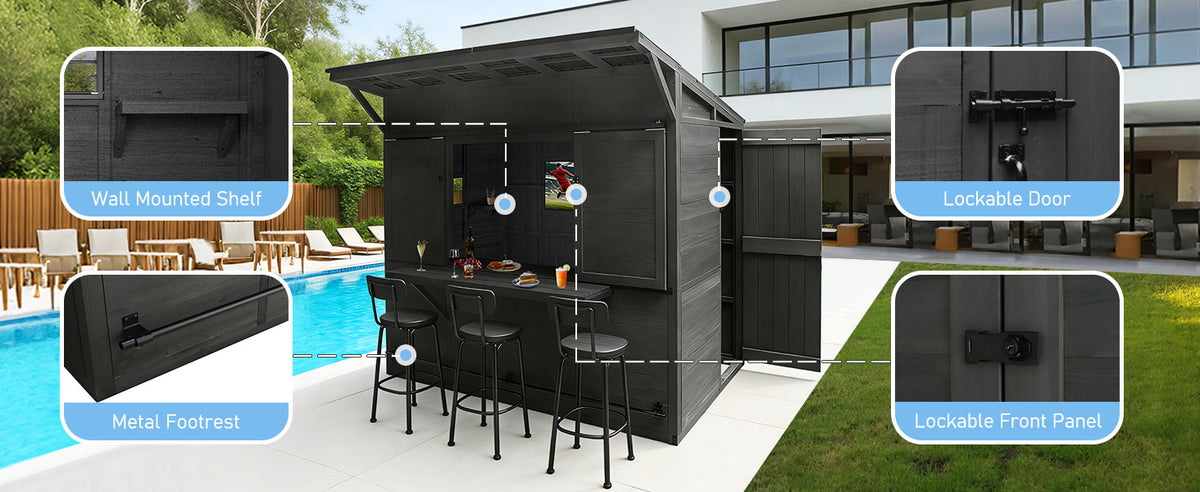 Veikous 5 x 8 Outdoor Bar Shed, Backyard Bar with Roof, Lockable Door and Cabinet