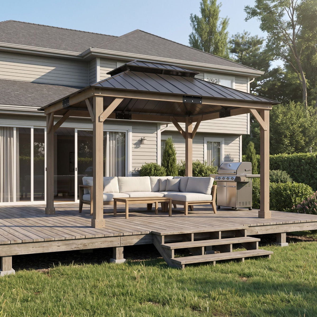 Veikous 10 x 12 ft Wood Gazebo Cedar Framed, Wooden Gazebo with Double Galvanized Steel Roof, Permanent Hardtop