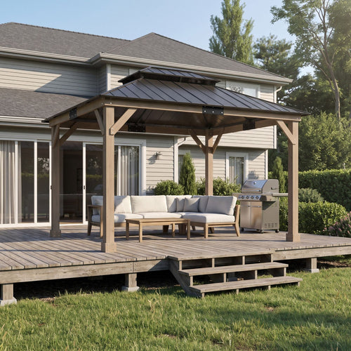 Veikous 10 x 12 ft Wood Gazebo Cedar Framed, Wooden Gazebo with Double Galvanized Steel Roof, Permanent Hardtop