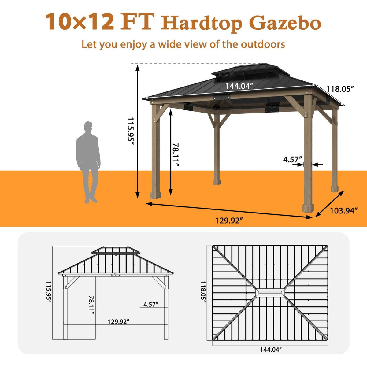 Veikous 10 x 12 ft Wood Gazebo Cedar Framed, Wooden Gazebo with Double Galvanized Steel Roof, Permanent Hardtop