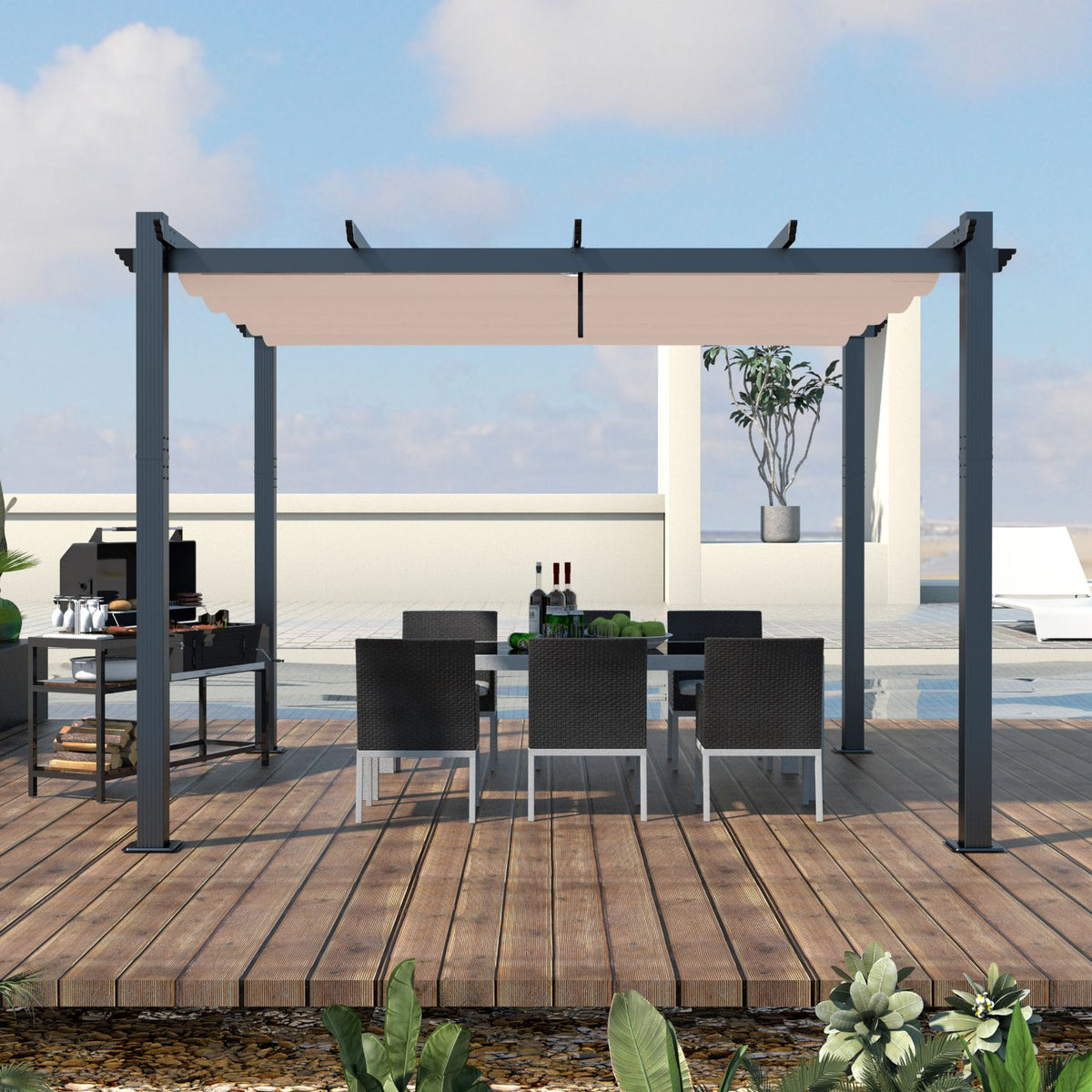 VEIKOUS 10 x 10 Aluminum Pergola with Retractable Canopy – Veikous
