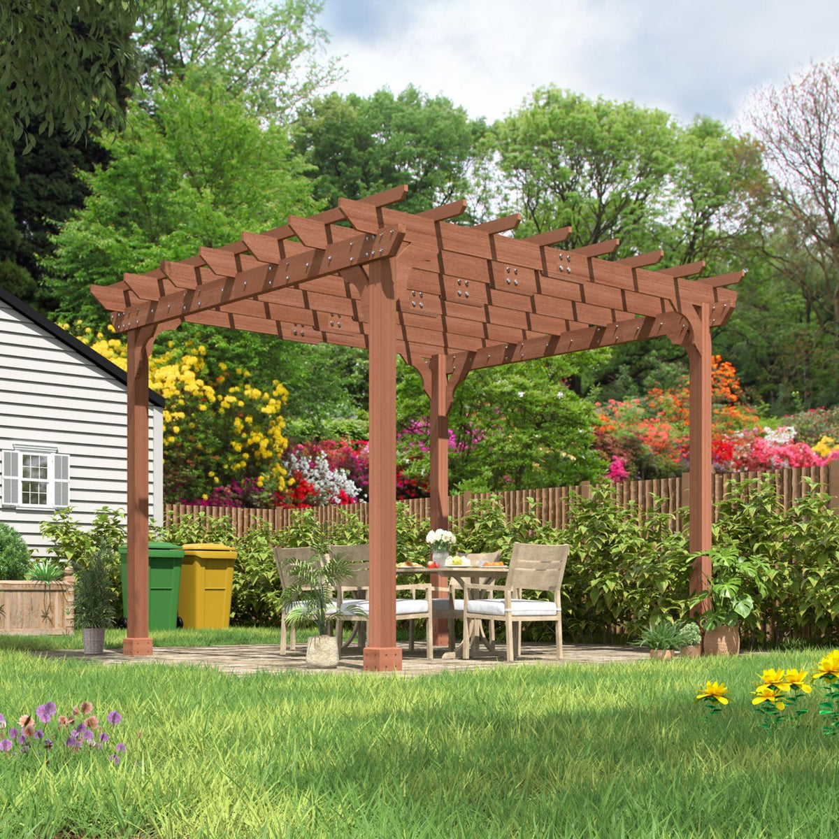 wood trellis awning Wood Pergola with Slatted Roof, 12x12 Outdoor Trellis Shade for Patio