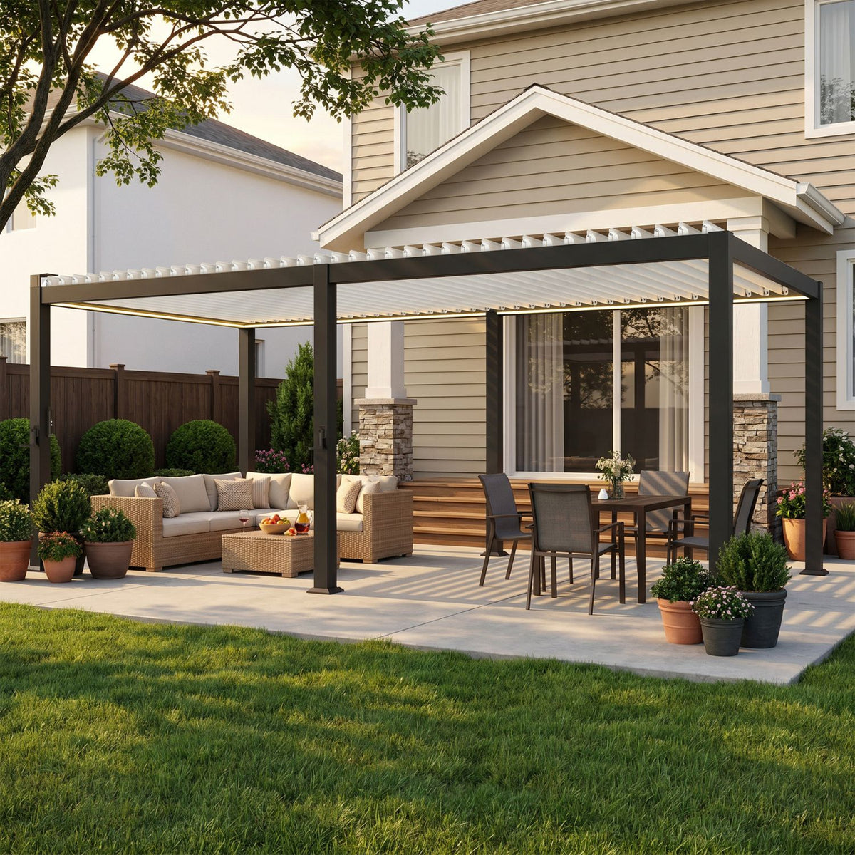 Durable Louvered Pergola with Solar Lights