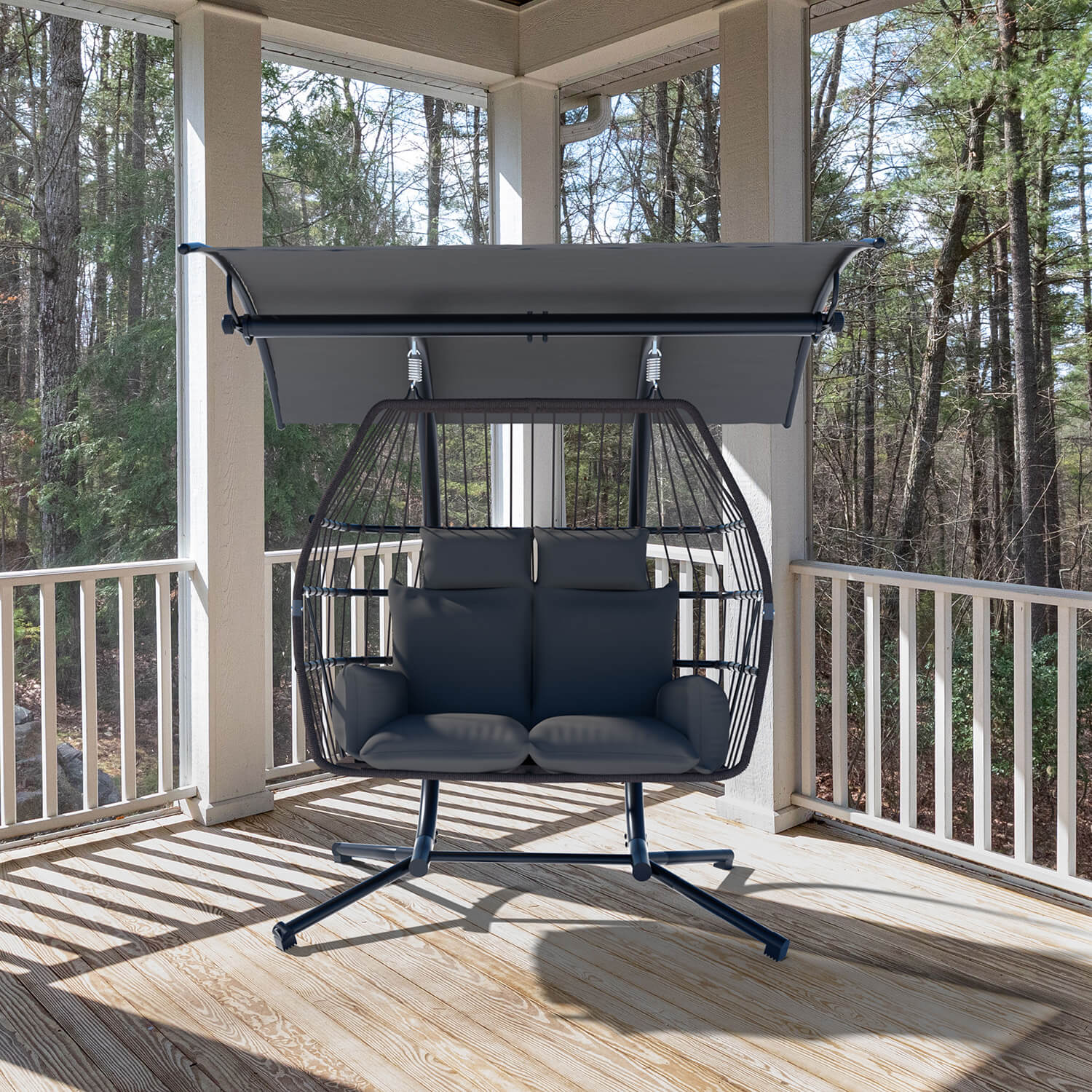 2 Person Egg Chair, Porch Swing with Canopy, Steel Stand Grey