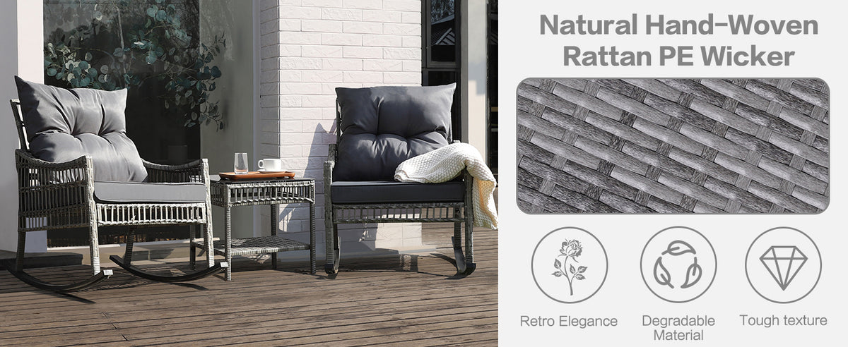 VEIKOUS 3 Piece Rocking Patio Set, Wicker Rocker Bistro Set with Cushions and Coffee Table