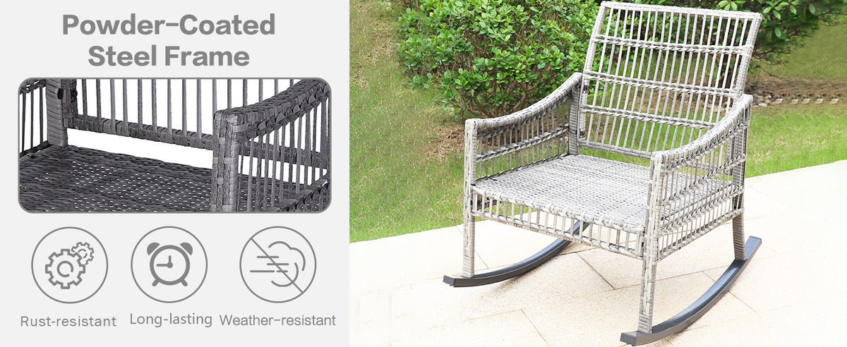 VEIKOUS 3 Piece Rocking Patio Set, Wicker Rocker Bistro Set with Cushions and Coffee Table