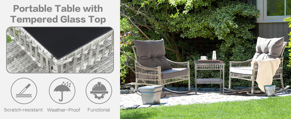 VEIKOUS 3 Piece Rocking Patio Set, Wicker Rocker Bistro Set with Cushions and Coffee Table