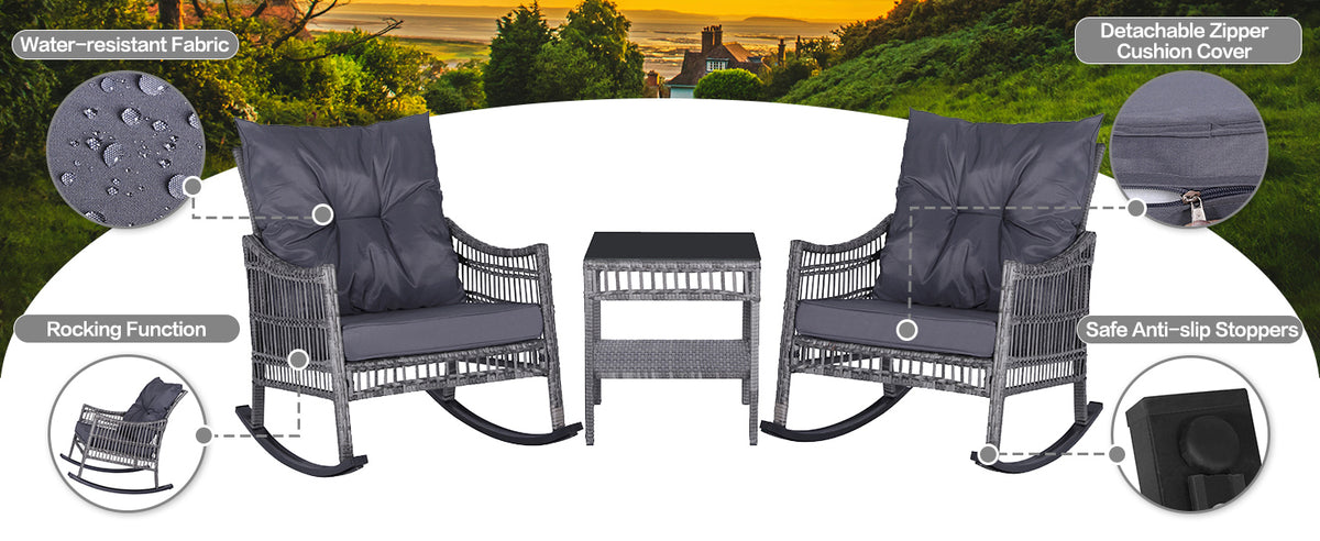 VEIKOUS 3 Piece Rocking Patio Set, Wicker Rocker Bistro Set with Cushions and Coffee Table