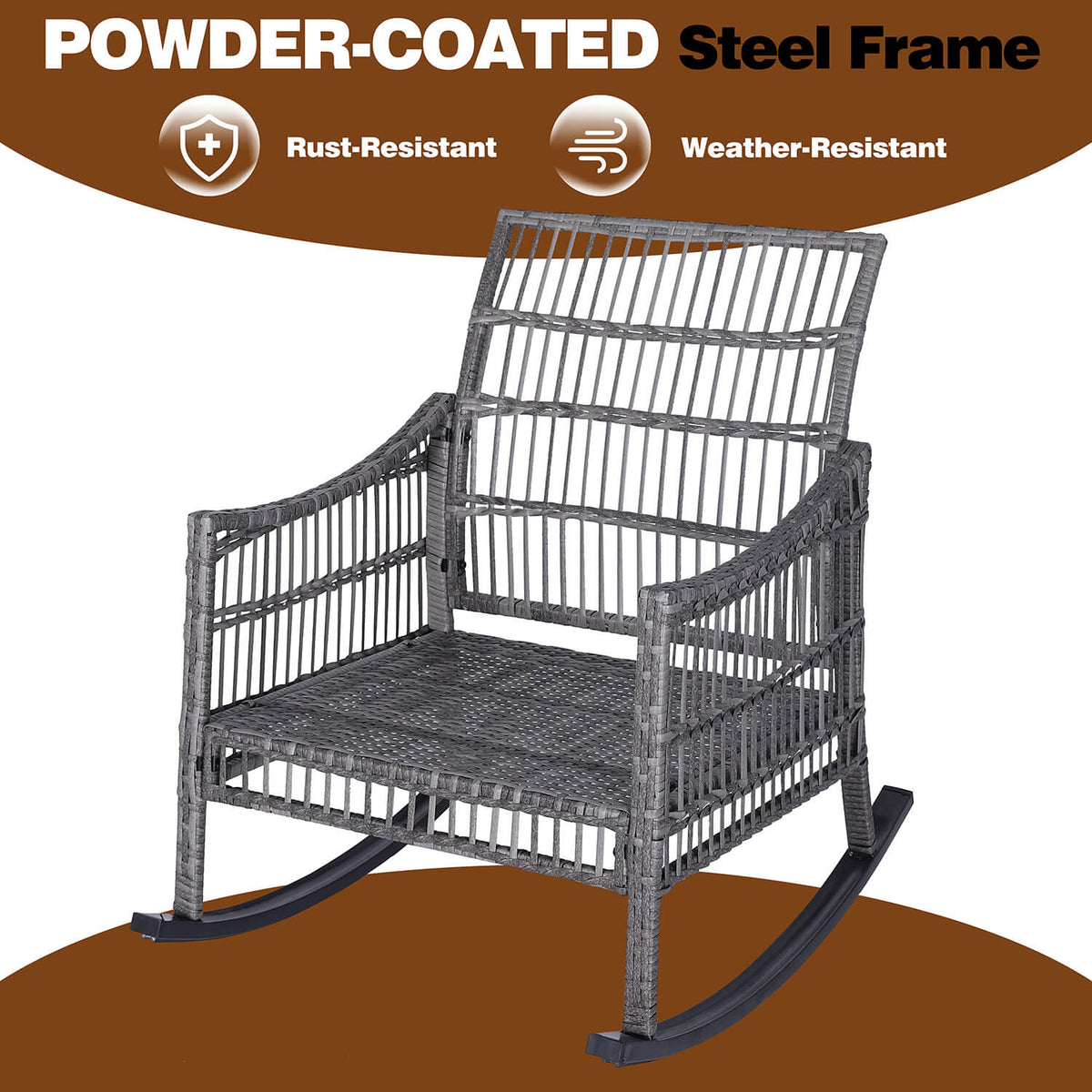 Rust-Resistant Wicker Rocking Chairs Set, Grey