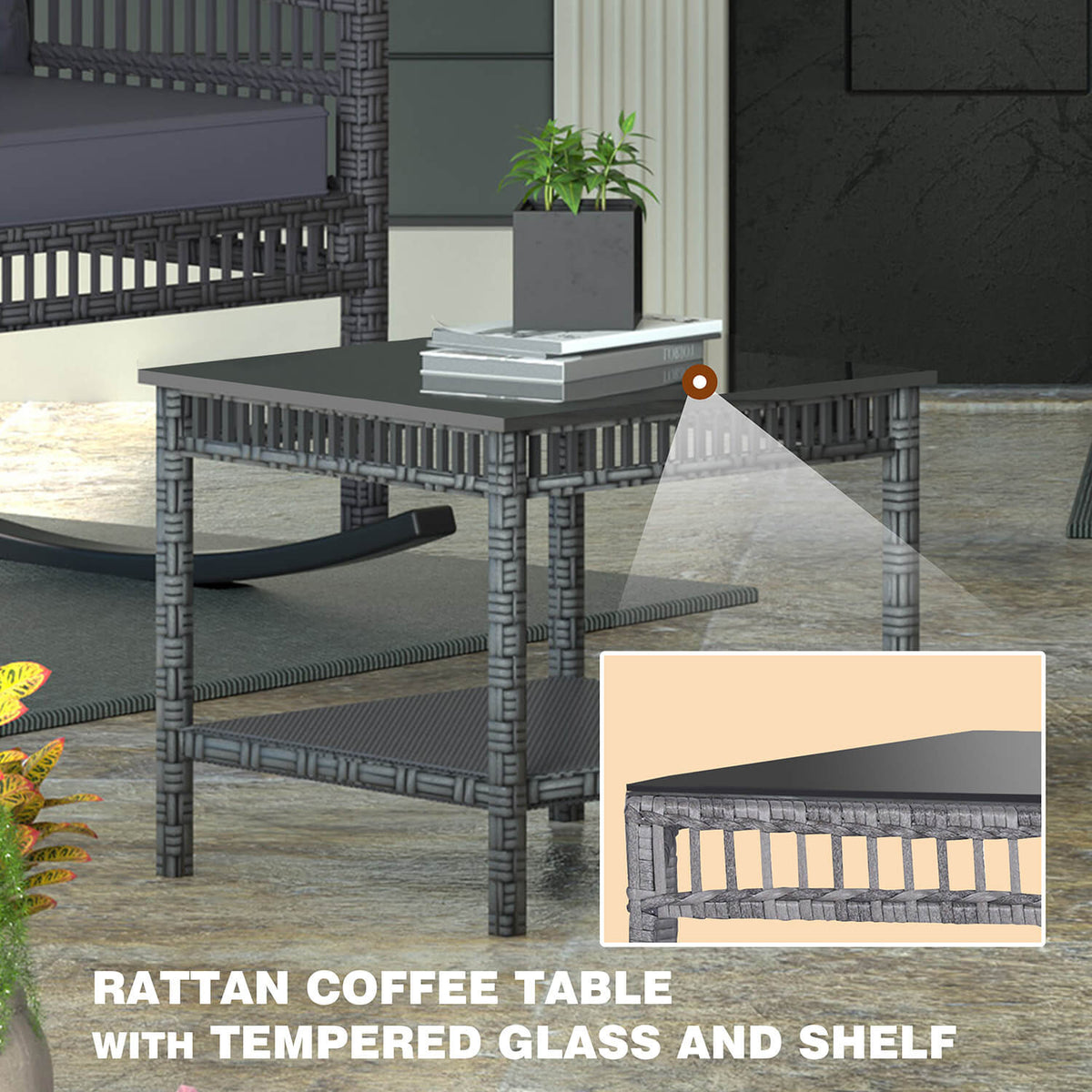 wicker rocking chairs & glass coffee table, Grey