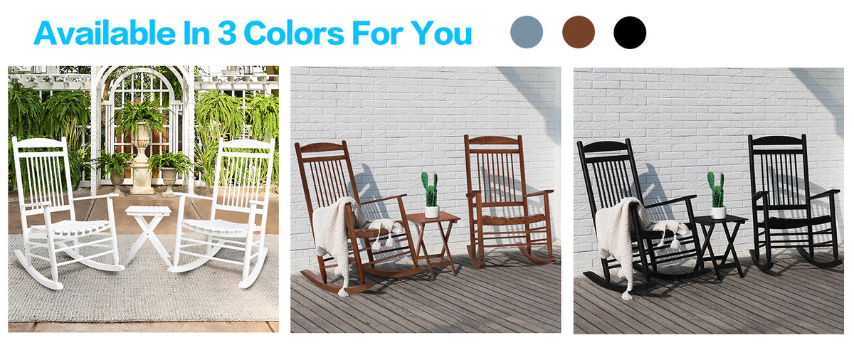 VEIKOUS Outdoor Rocking Chair Set of 2 with Table, Wooden Porch Rocking Chair Set W/ Curved Seat