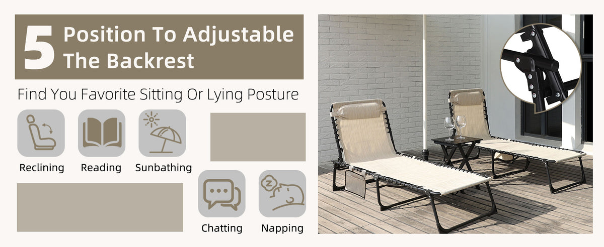 VEIKOUS Folding Chaise Lounge, Patio Lounge Chair with Detachable Pocket and Pillow, Portable for Beach and Pool