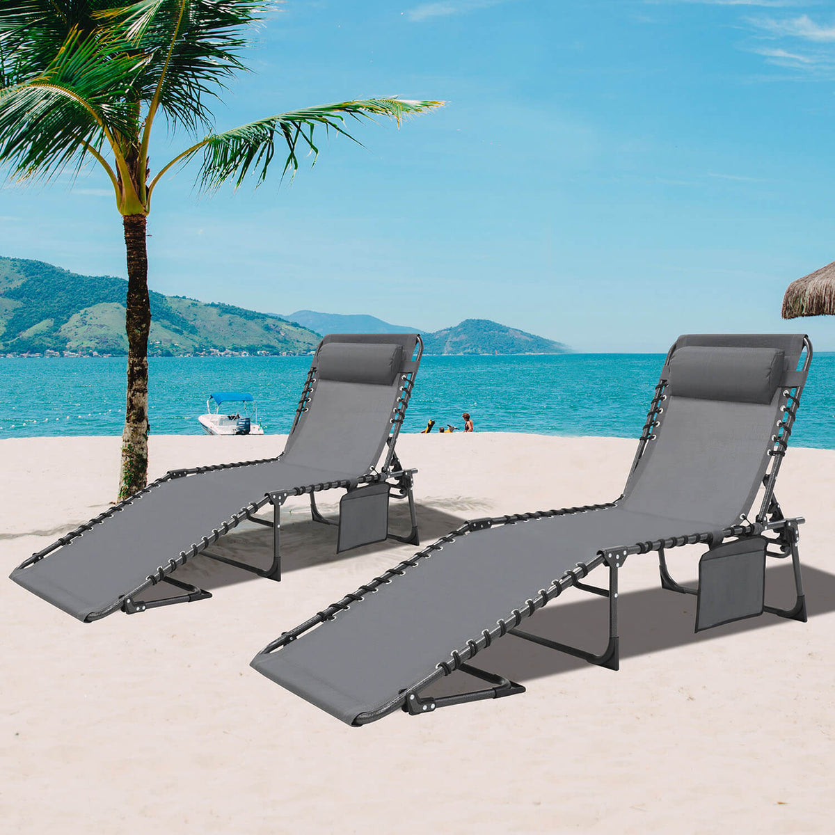 VEIKOUS Folding Chaise Lounge, Patio Lounge Chair with Detachable Pocket and Pillow, Portable for Beach and Pool