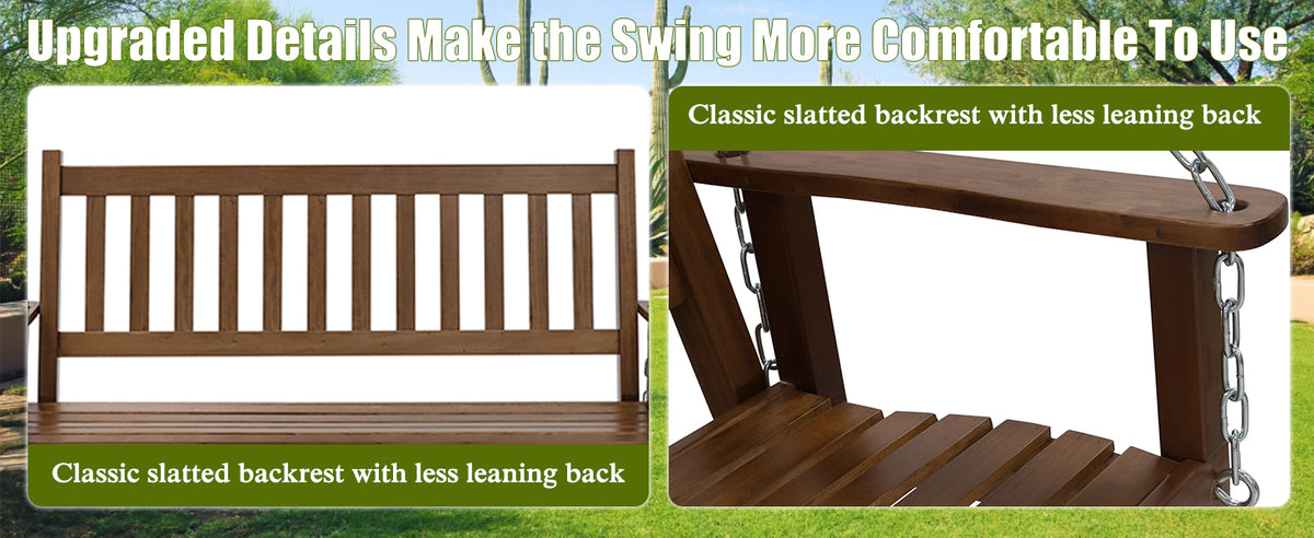 VEIKOUS Outdoor Swing Bench for Porch, 2-Person Wood Hanging Swing with Heavy Duty Chains