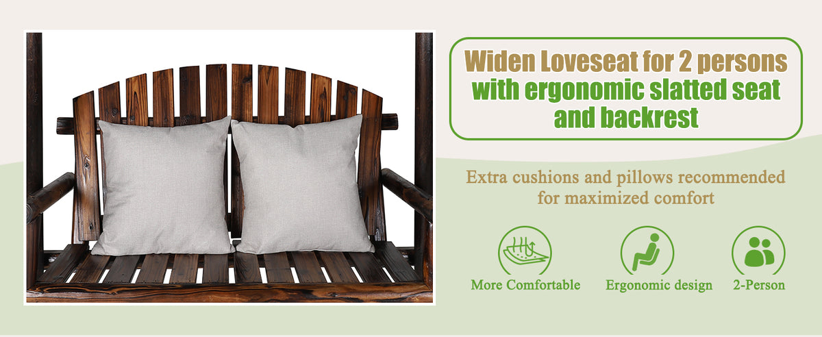 Veikous Wooden Outdoor Swing, Porch Swing with Stand, 2 Person Log Bench Chair with Curved Back