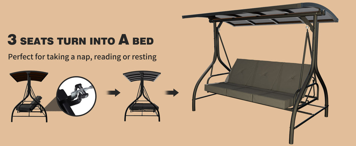 VEIKOUS 3 Person Swing with PC Hardtop Canopy, Outdoor 3 Seater