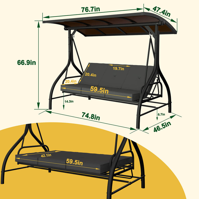 VEIKOUS Outdoor Patio Porch 3-Seat Swing with PVC Hardtop Canopy