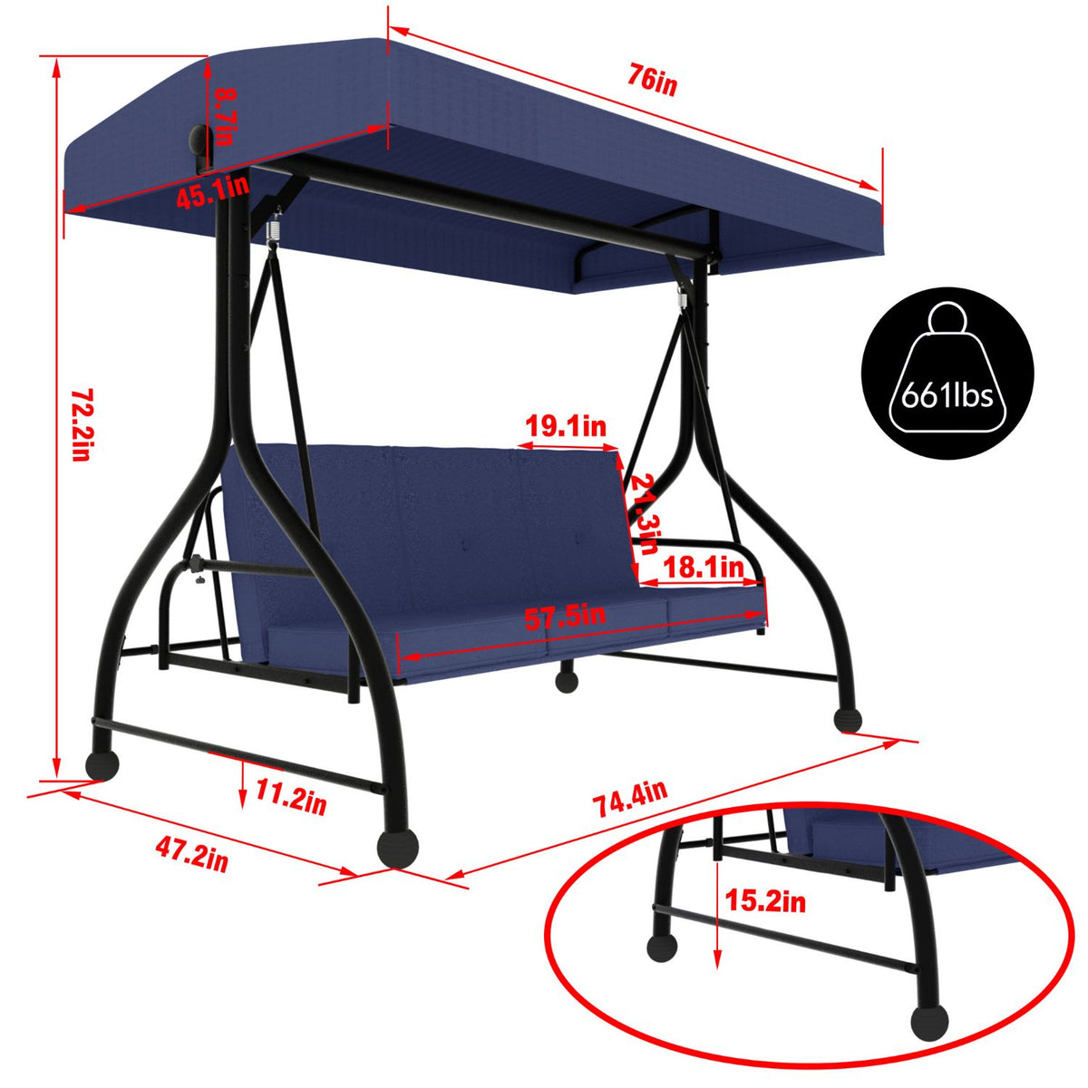 VEIKOUS 3 Person Patio Swing, Porch Swing Chair, Outdoor Canopy Swing with Stand and Cushions