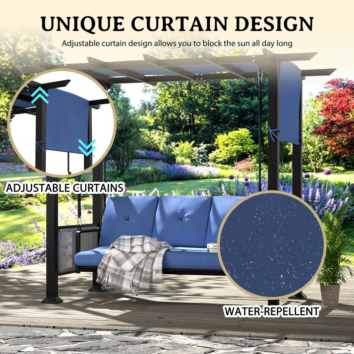3-Person Outdoor Swing Bed with Adjustable Curtains, Water-Resistant